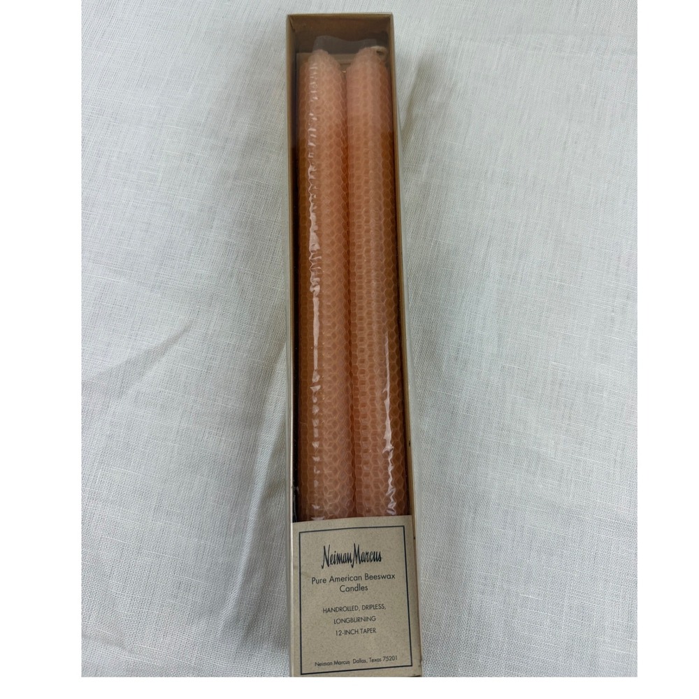 Neiman Marcus Pure American Beeswax 12 Inch Taper Candles Handrolled Peach Pair